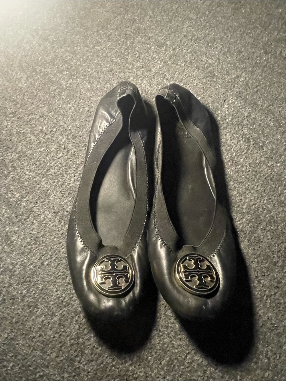 Tory Burch Black Leather Logo Medallion Ballet Flats